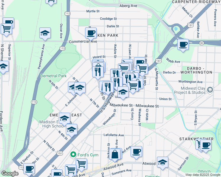 map of restaurants, bars, coffee shops, grocery stores, and more near 209 Kedzie Street in Madison