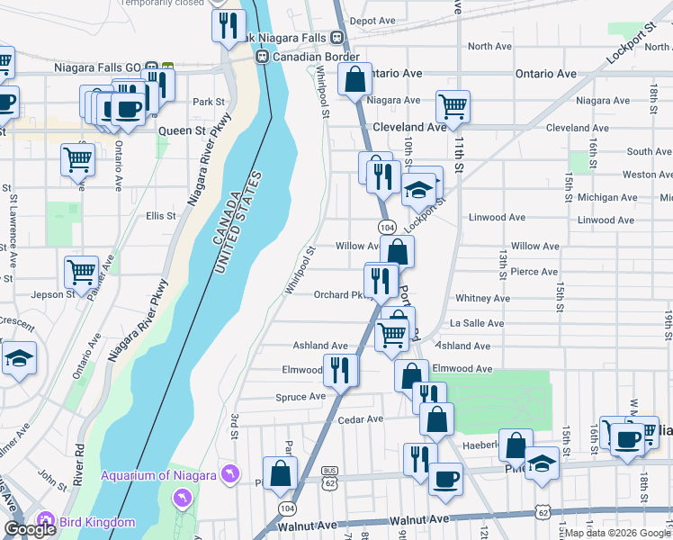 map of restaurants, bars, coffee shops, grocery stores, and more near 751 Pierce Avenue in Niagara Falls