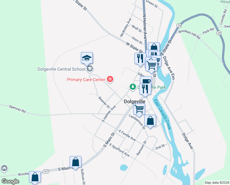 map of restaurants, bars, coffee shops, grocery stores, and more near 38 Slawson Street in Dolgeville