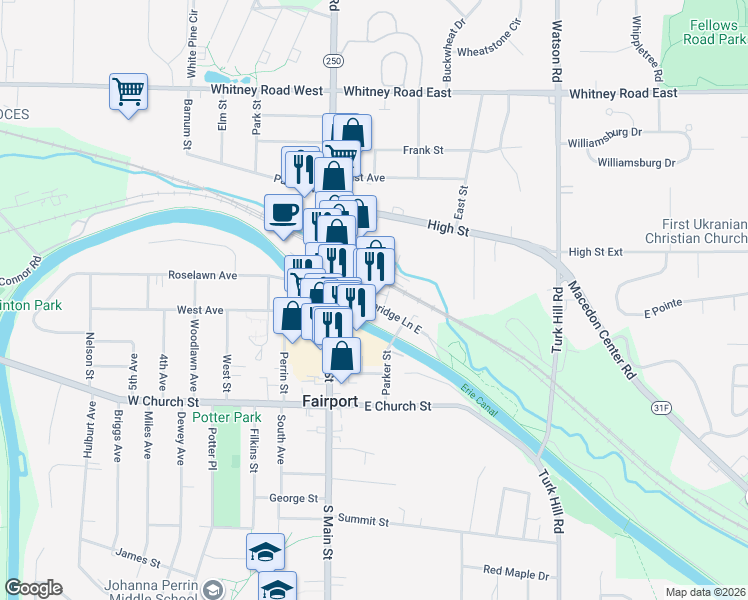 map of restaurants, bars, coffee shops, grocery stores, and more near 9 Liftbridge Lane East in Fairport