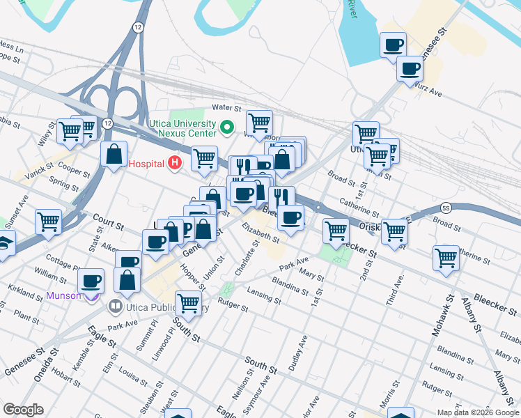 map of restaurants, bars, coffee shops, grocery stores, and more near in Utica