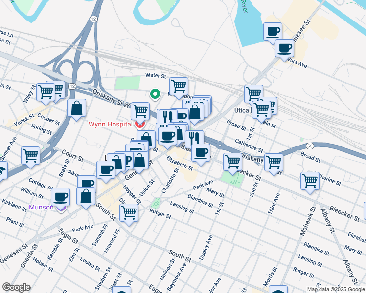 map of restaurants, bars, coffee shops, grocery stores, and more near 151 Bleecker Street in Utica