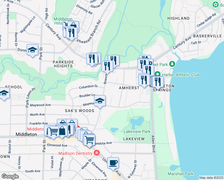 map of restaurants, bars, coffee shops, grocery stores, and more near 2416 Adler Circle in Middleton