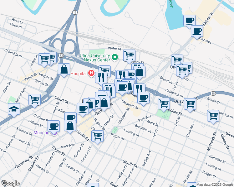 map of restaurants, bars, coffee shops, grocery stores, and more near in Utica