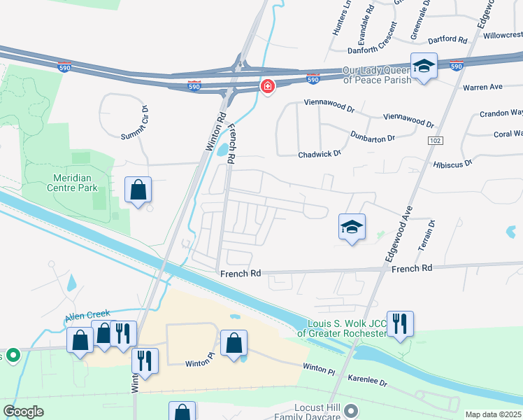 map of restaurants, bars, coffee shops, grocery stores, and more near 744 Eastbrooke Lane in Rochester