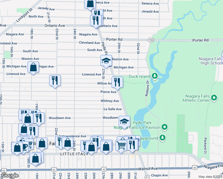 map of restaurants, bars, coffee shops, grocery stores, and more near 1422 Hyde Park Boulevard in Niagara Falls