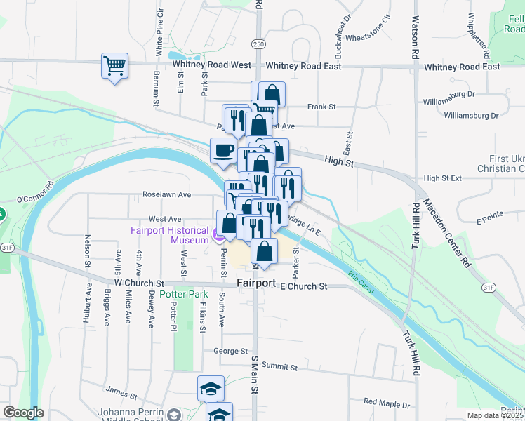 map of restaurants, bars, coffee shops, grocery stores, and more near 23 North Main Street in Fairport