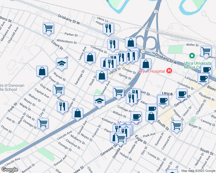 map of restaurants, bars, coffee shops, grocery stores, and more near 904 Sunset Avenue in Utica