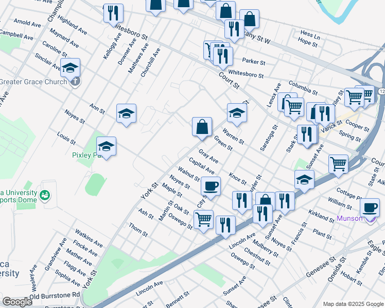 map of restaurants, bars, coffee shops, grocery stores, and more near 1201 York Street in Utica