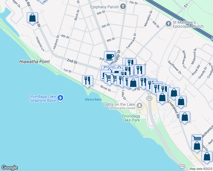 map of restaurants, bars, coffee shops, grocery stores, and more near 406 1st Street in Liverpool