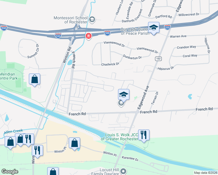 map of restaurants, bars, coffee shops, grocery stores, and more near 231 Greystone Lane in Rochester