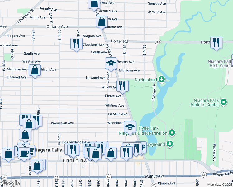map of restaurants, bars, coffee shops, grocery stores, and more near 1422 Hyde Park Boulevard in Niagara Falls