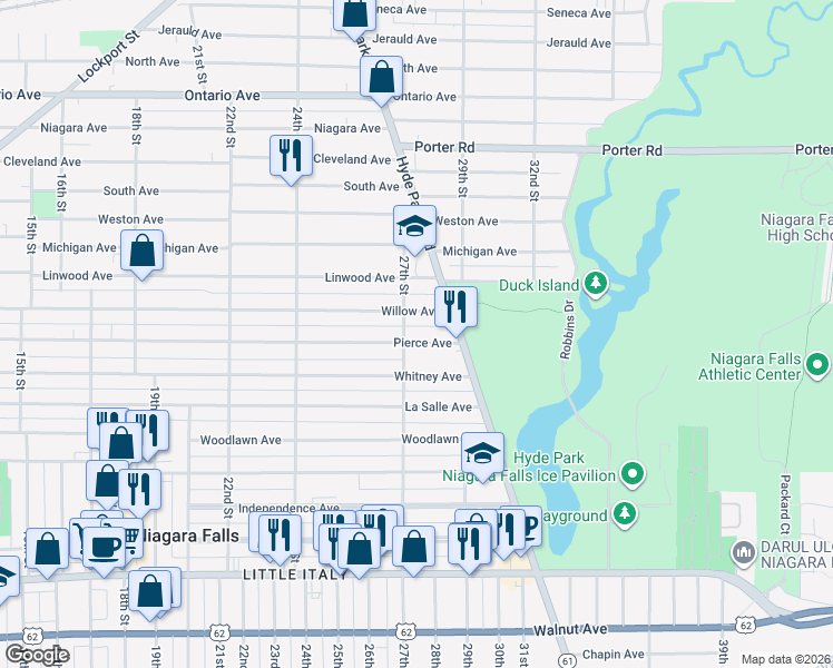 map of restaurants, bars, coffee shops, grocery stores, and more near 2705 Willow Avenue in Niagara Falls
