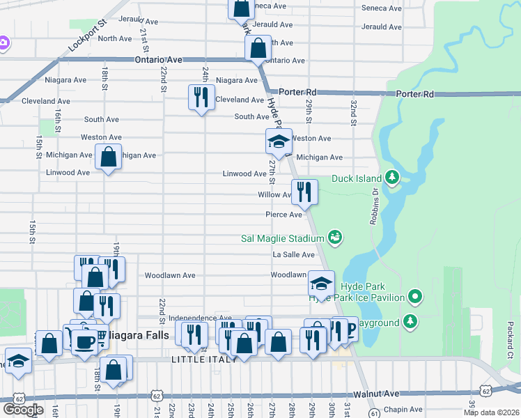 map of restaurants, bars, coffee shops, grocery stores, and more near 2477 Willow Avenue in Niagara Falls