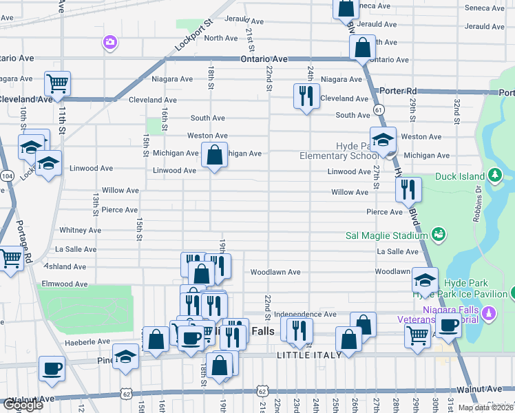 map of restaurants, bars, coffee shops, grocery stores, and more near 1883 Willow Avenue in Niagara Falls