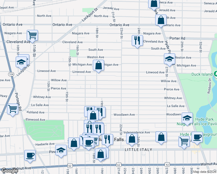 map of restaurants, bars, coffee shops, grocery stores, and more near 1845 Willow Avenue in Niagara Falls