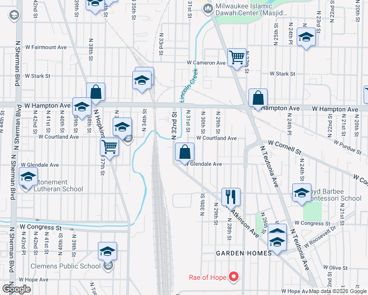 map of restaurants, bars, coffee shops, grocery stores, and more near 3103 West Hampton Avenue in Milwaukee