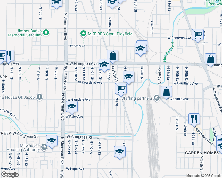map of restaurants, bars, coffee shops, grocery stores, and more near 4676 North 38th Street in Milwaukee
