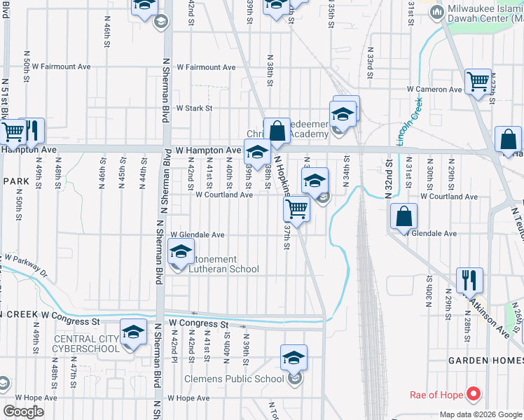 map of restaurants, bars, coffee shops, grocery stores, and more near 4676 North 38th Street in Milwaukee