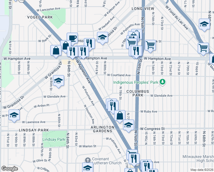 map of restaurants, bars, coffee shops, grocery stores, and more near 4667 North 79th Street in Milwaukee