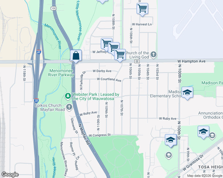 map of restaurants, bars, coffee shops, grocery stores, and more near 4680 North 108th Street in Wauwatosa