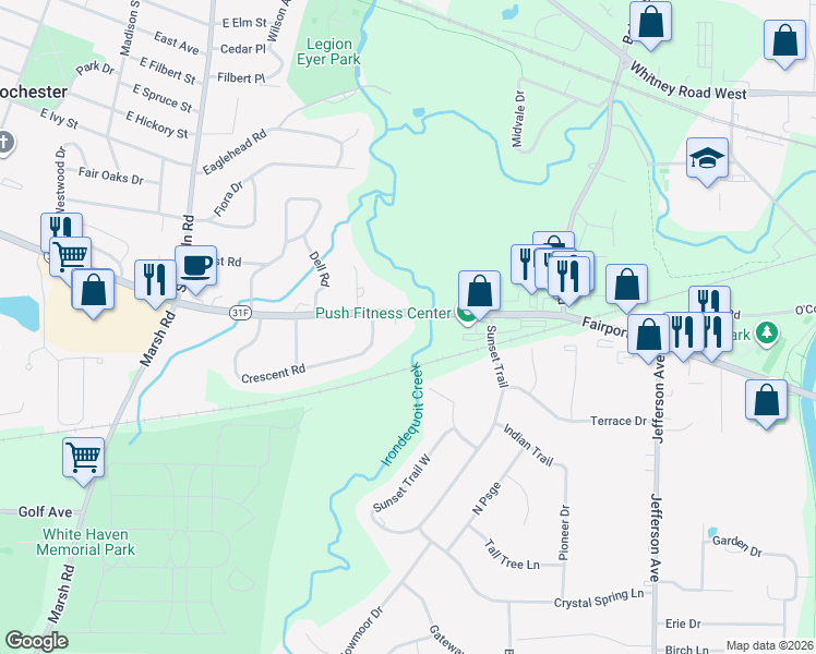 map of restaurants, bars, coffee shops, grocery stores, and more near 1093 Fairport Road in Fairport