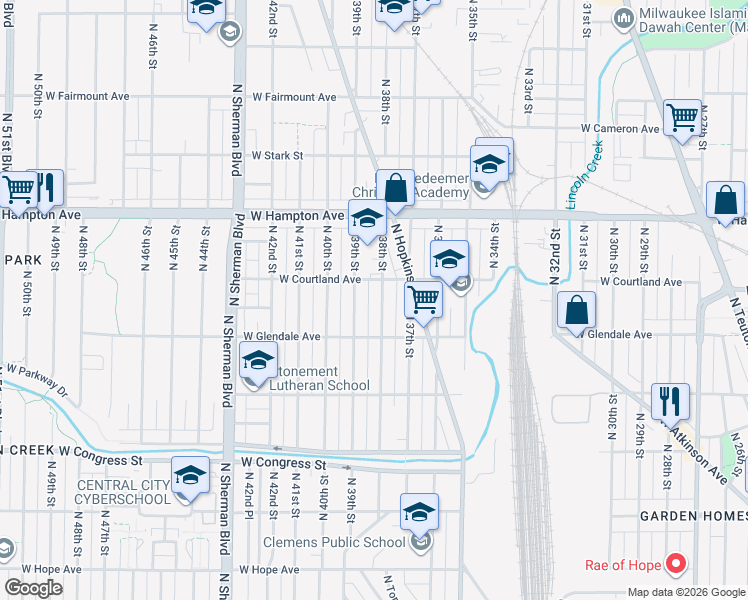 map of restaurants, bars, coffee shops, grocery stores, and more near 4676 North 38th Street in Milwaukee