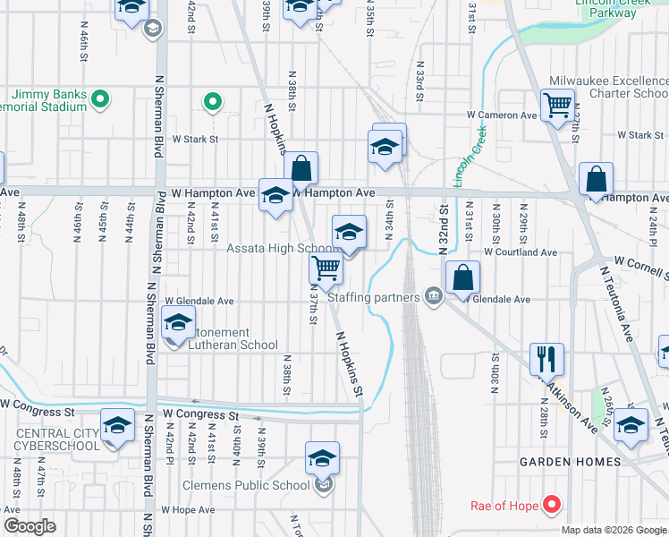 map of restaurants, bars, coffee shops, grocery stores, and more near 4651 North 36th Street in Milwaukee