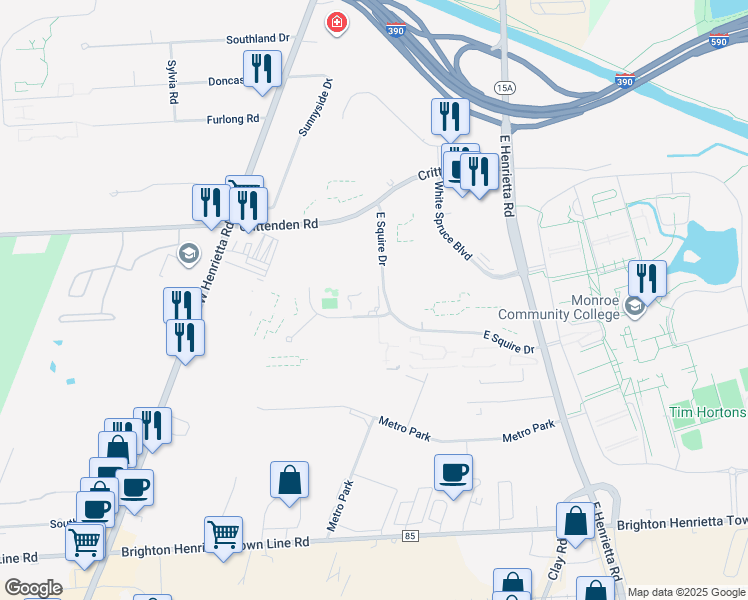 map of restaurants, bars, coffee shops, grocery stores, and more near 76-138 West Squire Drive in Rochester