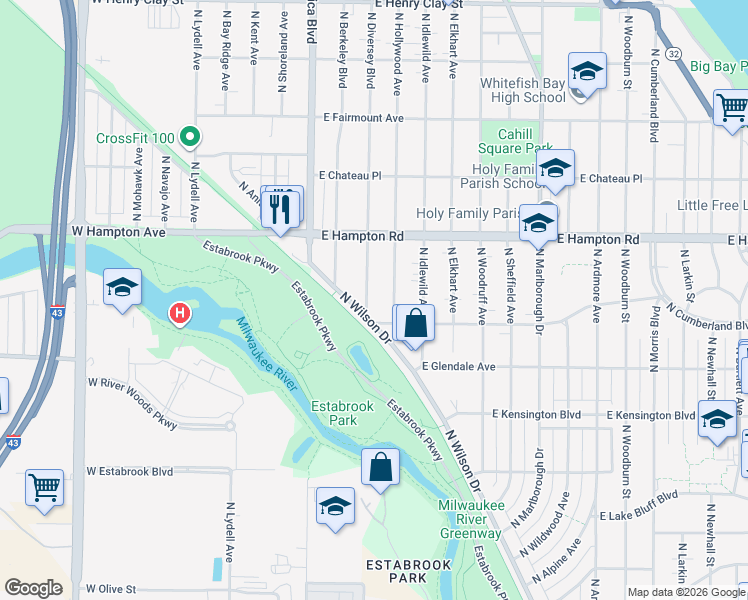 map of restaurants, bars, coffee shops, grocery stores, and more near 4744 North Diversey Boulevard in Whitefish Bay