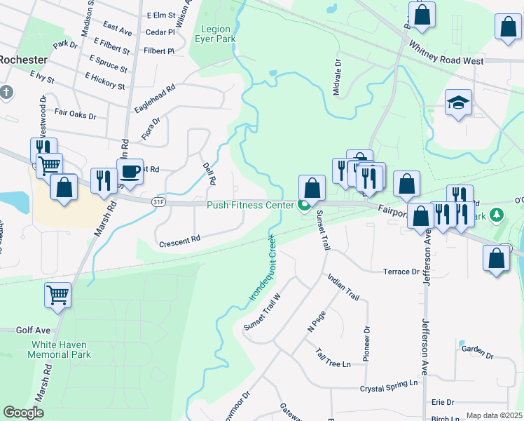 map of restaurants, bars, coffee shops, grocery stores, and more near 1100 Fairport Road in Fairport