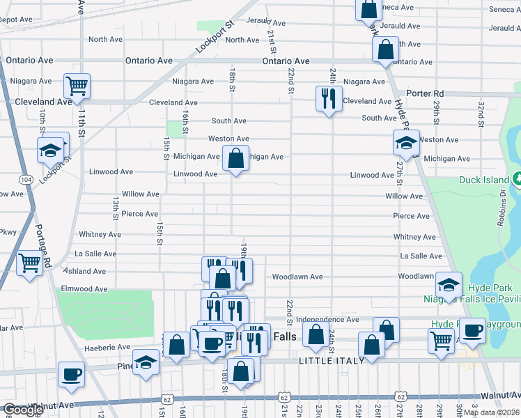 map of restaurants, bars, coffee shops, grocery stores, and more near 1845 Willow Avenue in Niagara Falls