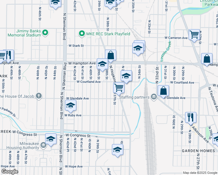 map of restaurants, bars, coffee shops, grocery stores, and more near 4676 North 38th Street in Milwaukee