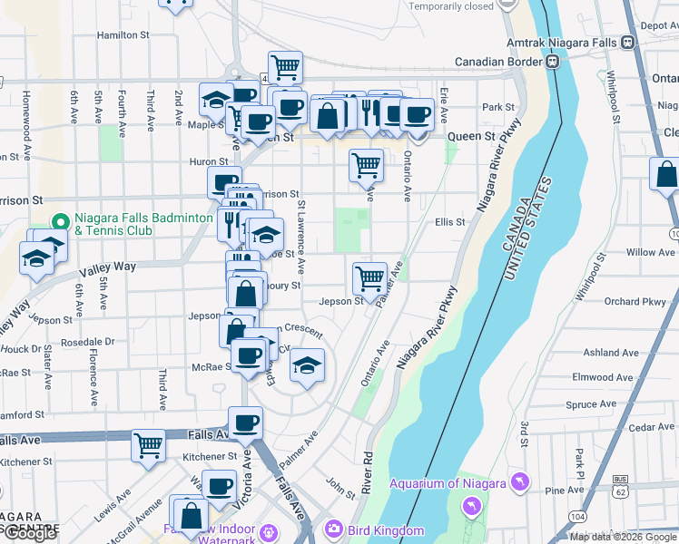 map of restaurants, bars, coffee shops, grocery stores, and more near 4989 Crysler Avenue in Niagara Falls