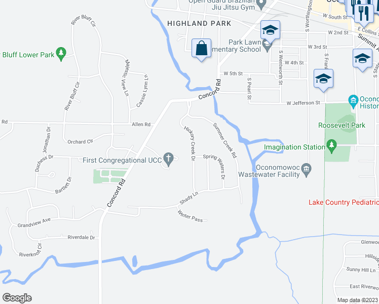 map of restaurants, bars, coffee shops, grocery stores, and more near 828 Hickory Creek Drive in Oconomowoc