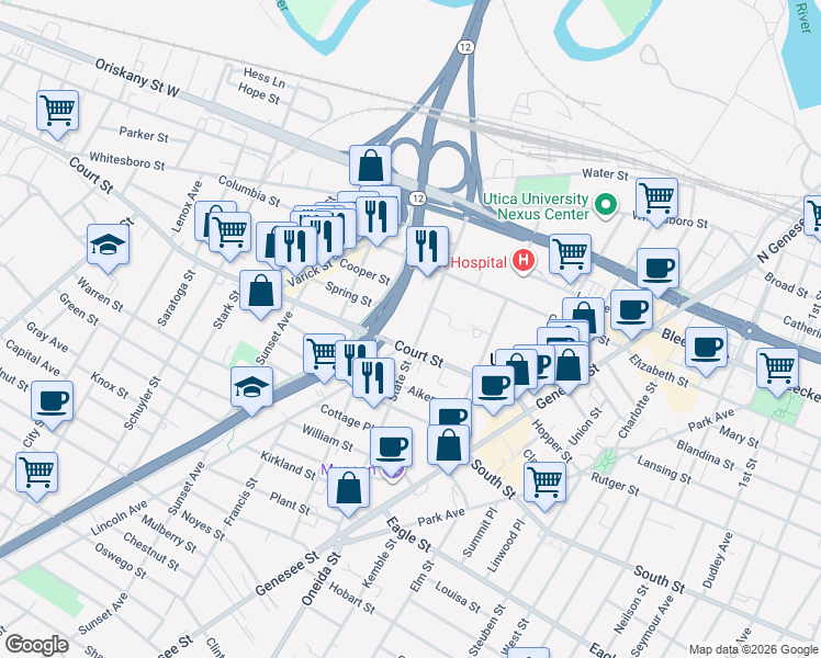 map of restaurants, bars, coffee shops, grocery stores, and more near North-South Arterial Hwy in Utica