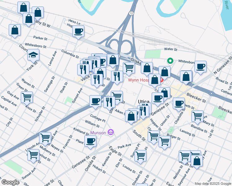 map of restaurants, bars, coffee shops, grocery stores, and more near North-South Arterial Hwy in Utica
