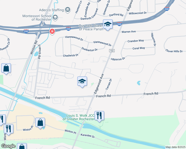 map of restaurants, bars, coffee shops, grocery stores, and more near 140 Greystone Lane in Rochester