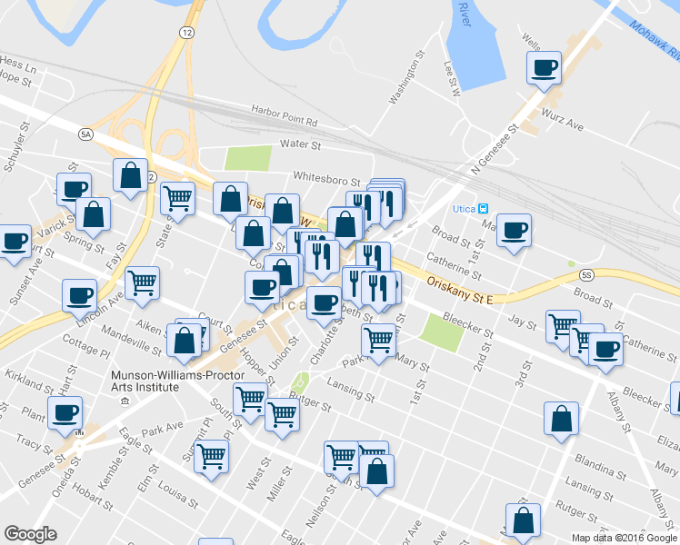 map of restaurants, bars, coffee shops, grocery stores, and more near in Utica