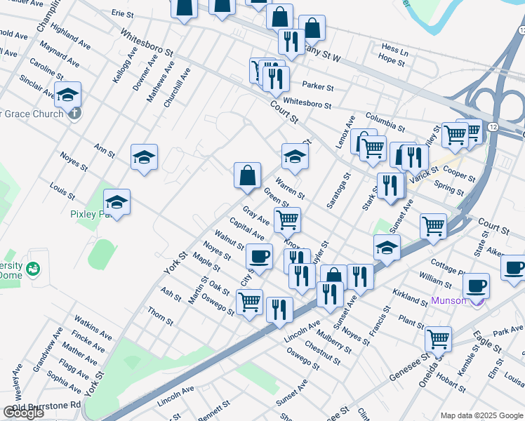 map of restaurants, bars, coffee shops, grocery stores, and more near 1104 Addison Street in Utica