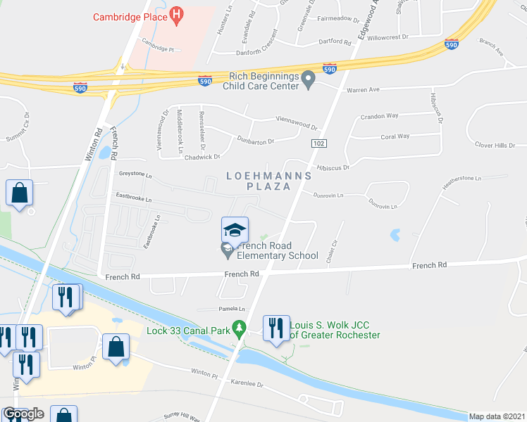 map of restaurants, bars, coffee shops, grocery stores, and more near 131 Greystone Lane in Rochester