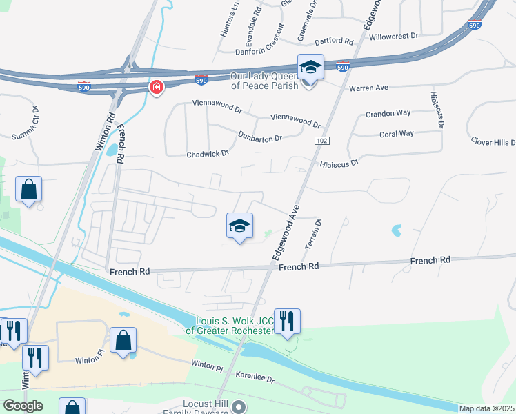 map of restaurants, bars, coffee shops, grocery stores, and more near 132 Greystone Lane in Rochester