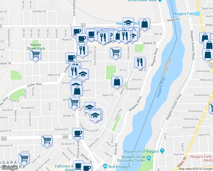 map of restaurants, bars, coffee shops, grocery stores, and more near 4962 Crysler Avenue in Niagara Falls