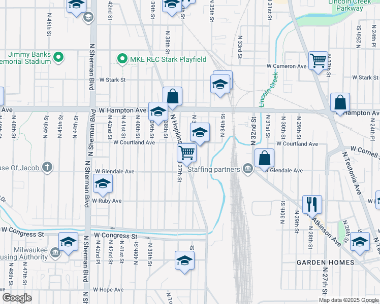 map of restaurants, bars, coffee shops, grocery stores, and more near 4680 North Hopkins Street in Milwaukee