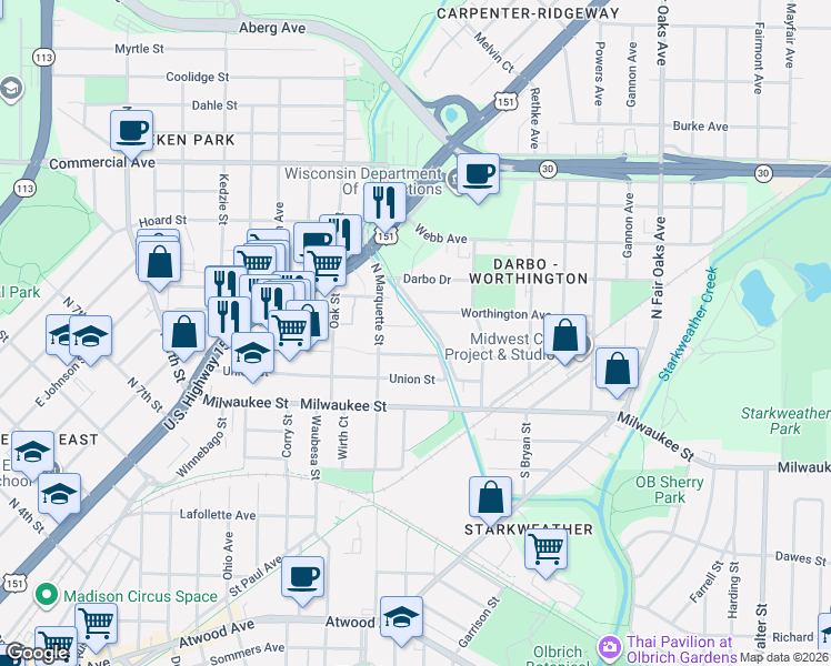 map of restaurants, bars, coffee shops, grocery stores, and more near 2926 Sachs Street in Madison