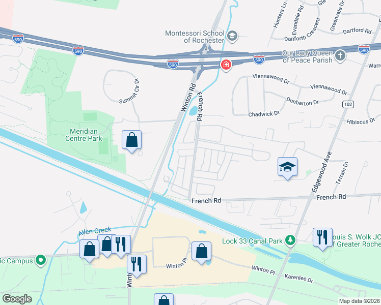 map of restaurants, bars, coffee shops, grocery stores, and more near 407 Eastbrooke Lane in Rochester