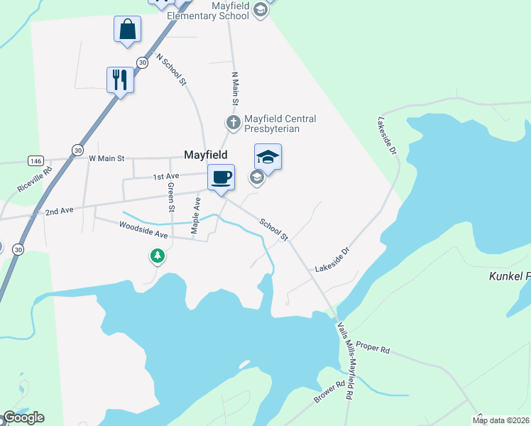 map of restaurants, bars, coffee shops, grocery stores, and more near 43 School Street in Mayfield