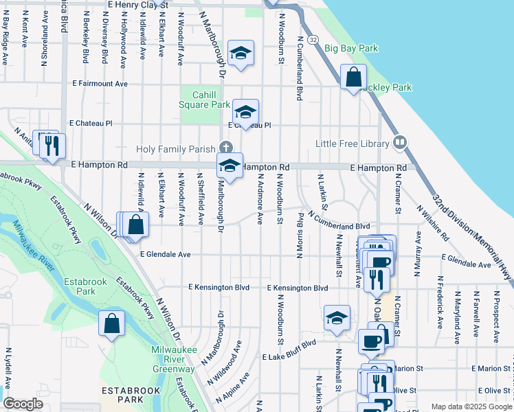map of restaurants, bars, coffee shops, grocery stores, and more near 4750 North Marlborough Drive in Whitefish Bay