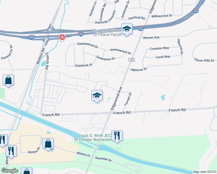 map of restaurants, bars, coffee shops, grocery stores, and more near 144 Greystone Lane in Rochester