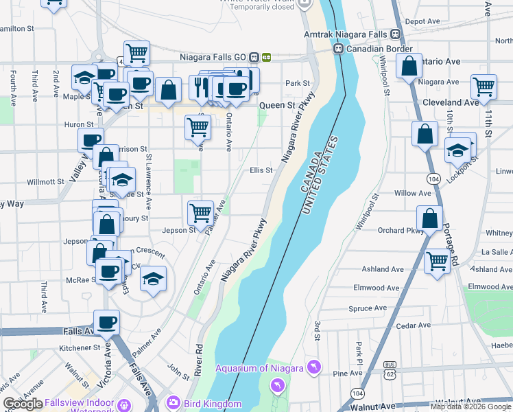map of restaurants, bars, coffee shops, grocery stores, and more near 4330 Simcoe Street in Niagara Falls
